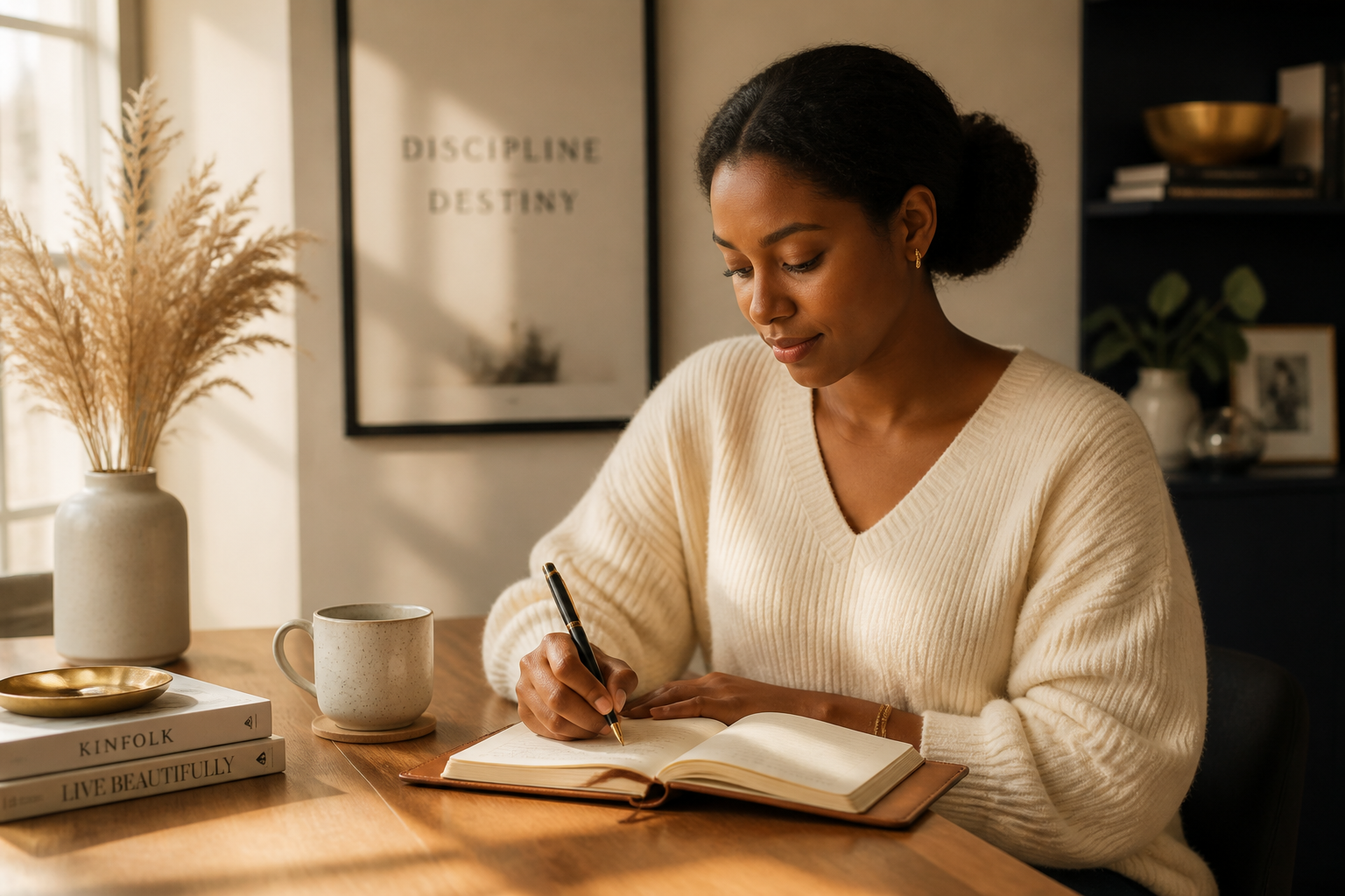 Woman business owner at desk, journaling in the morning light